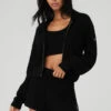 Cashmere Plush Waffle Full Zip Hoodie - Black