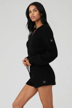 Cashmere Plush Waffle Full Zip Hoodie - Black 6 Cashmere Plush Waffle Full Zip Hoodie - Black -ALO Clothing Shop W3741R 01 b1 s1 a3 1 m18