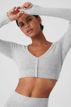 Alolux Cropped Me Time Cardigan - Athletic Heather Grey 7 Alolux Cropped Me Time Cardigan - Athletic Heather Grey -ALO Clothing Shop W3775R 02910 b1 s1 a4 1 m18