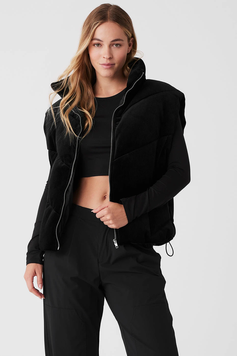 Ribbed Velour Mountain Side Puffer Vest - Black 1 Ribbed Velour Mountain Side Puffer Vest - Black