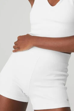 Goddess Ribbed High-Waist Hot Short - White 7 Goddess Ribbed High-Waist Hot Short - White -ALO Clothing Shop W6286R 00 b1 s1 a4 1 m100