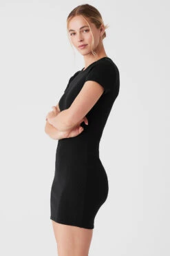 Goddess Ribbed Short Sleeve Dress - Black -ALO Clothing Shop W8201R 01 b1 s1 a3 1 m89