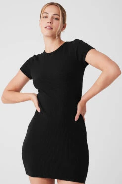Goddess Ribbed Short Sleeve Dress - Black -ALO Clothing Shop W8201R 01 b1 s1 a5 1 m89