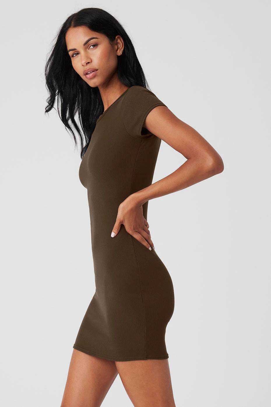 Goddess Ribbed Short Sleeve Dress - Espresso 3 Goddess Ribbed Short Sleeve Dress - Espresso - Image 3