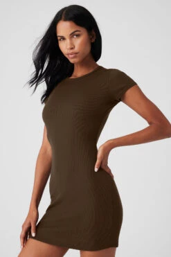 Goddess Ribbed Short Sleeve Dress - Espresso 8 Goddess Ribbed Short Sleeve Dress - Espresso -ALO Clothing Shop W8201R 04640 b1 s1 a4 1 m18