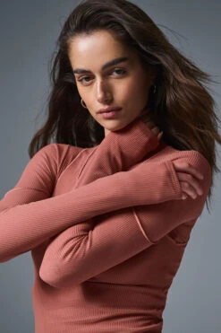 Striped Mesh Synergy Long Sleeve Dress - Soft Terracotta -ALO Clothing Shop W8234R 05278 b1 s1 a3 1 m174 f55d4f5a ee67 4414 90b8 88849d75c35d