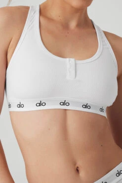 Icon Ribbed Henley Bra - White -ALO Clothing Shop W9316R 00 b1 s1 a4 m89
