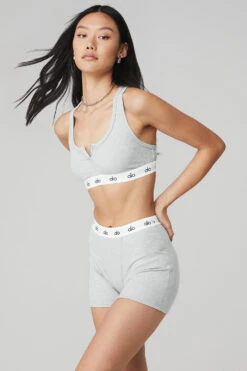 Icon Ribbed Henley Bra - Athletic Heather Grey -ALO Clothing Shop W9316R 02910 b1 s1 a2 1 m54