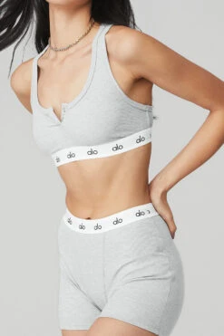 Icon Ribbed Henley Bra - Athletic Heather Grey -ALO Clothing Shop W9316R 02910 b1 s1 a4 1 m54